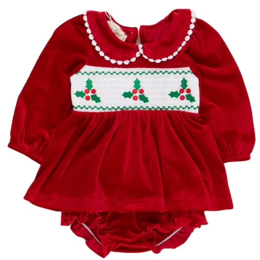 *FLAWED* Baby Girl Red Smocked Holly Velvet Bloomers Outfit