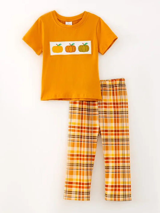 Boys Cotton Pumpkin Smocking Embroidered Top + Plaid Trousers Set