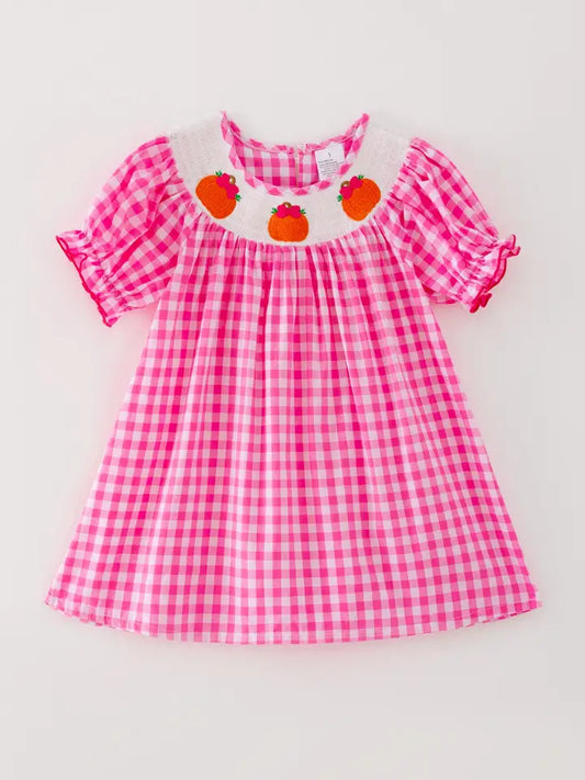 Pink Pumpkin Woven Smocking Embroidered Plaid Dress