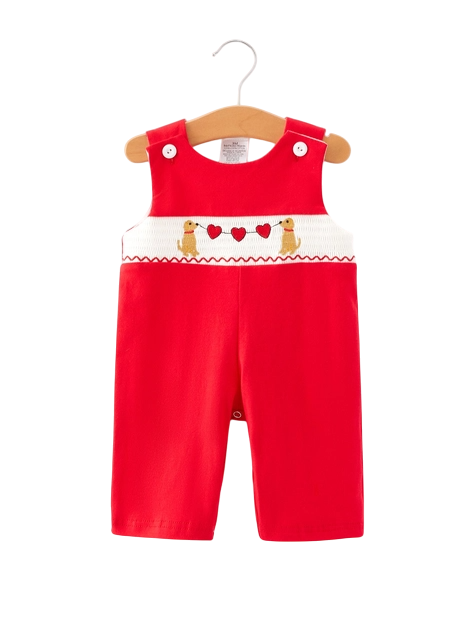 Valentine's Day Dog Heart Smocking Embroidered Boys Romper